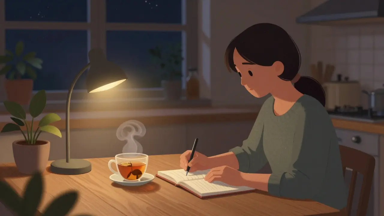 Osoba piše do deníku v kuchyni s šálkem čaje a rostlinou.