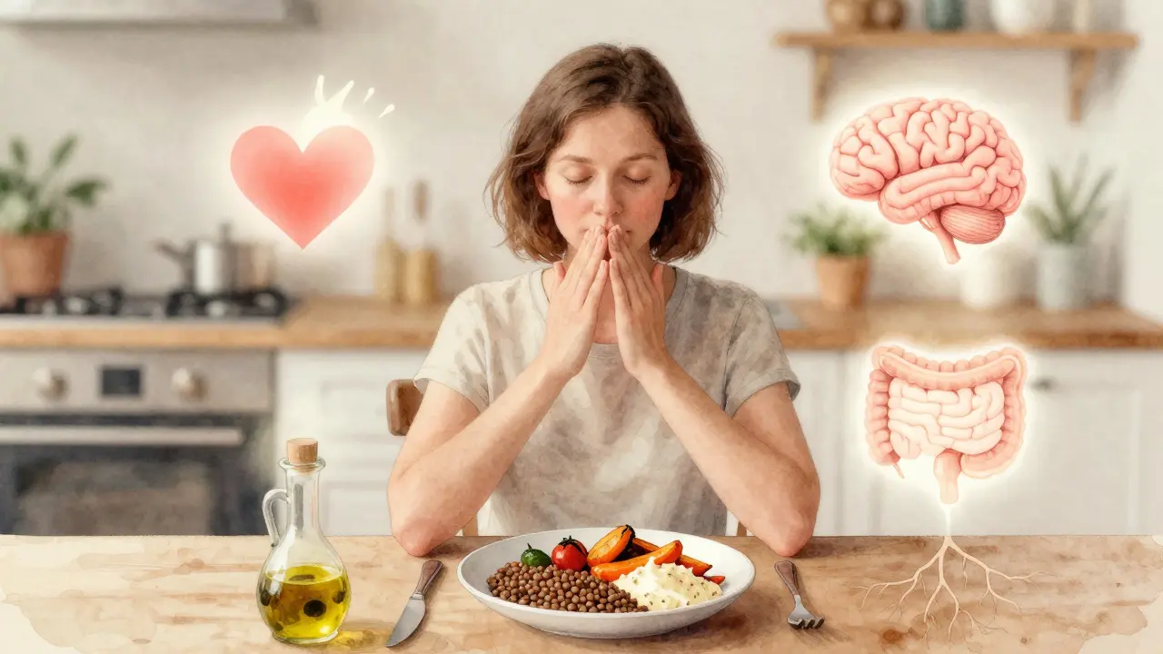 Osoba před jídlem dělá hluboký dech, kolem ní se objevují symboly zdraví – srdce, mozek a kořeny.