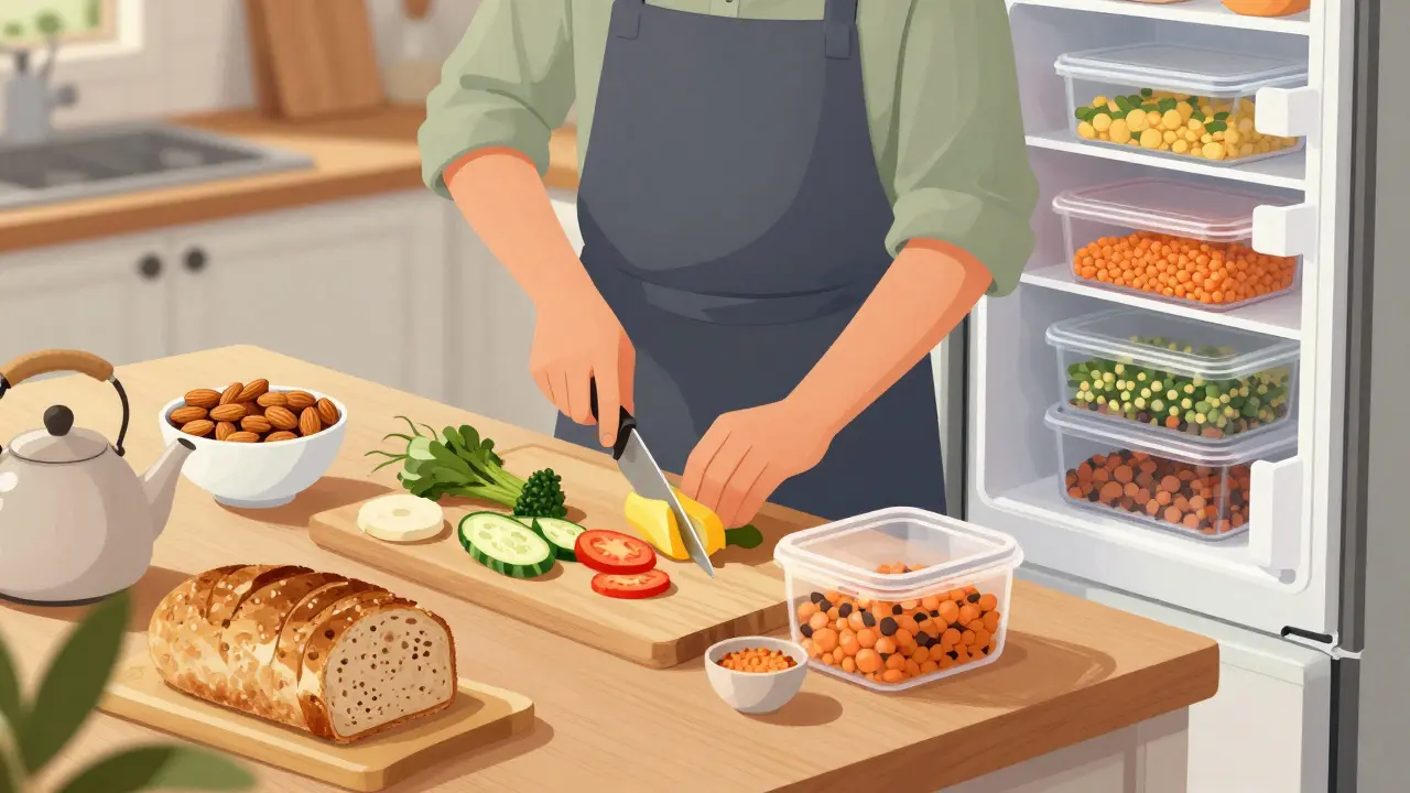 Osoba připravuje jídla v kuchyni s čerstvými surovinami a kontejnery na příští jídla.