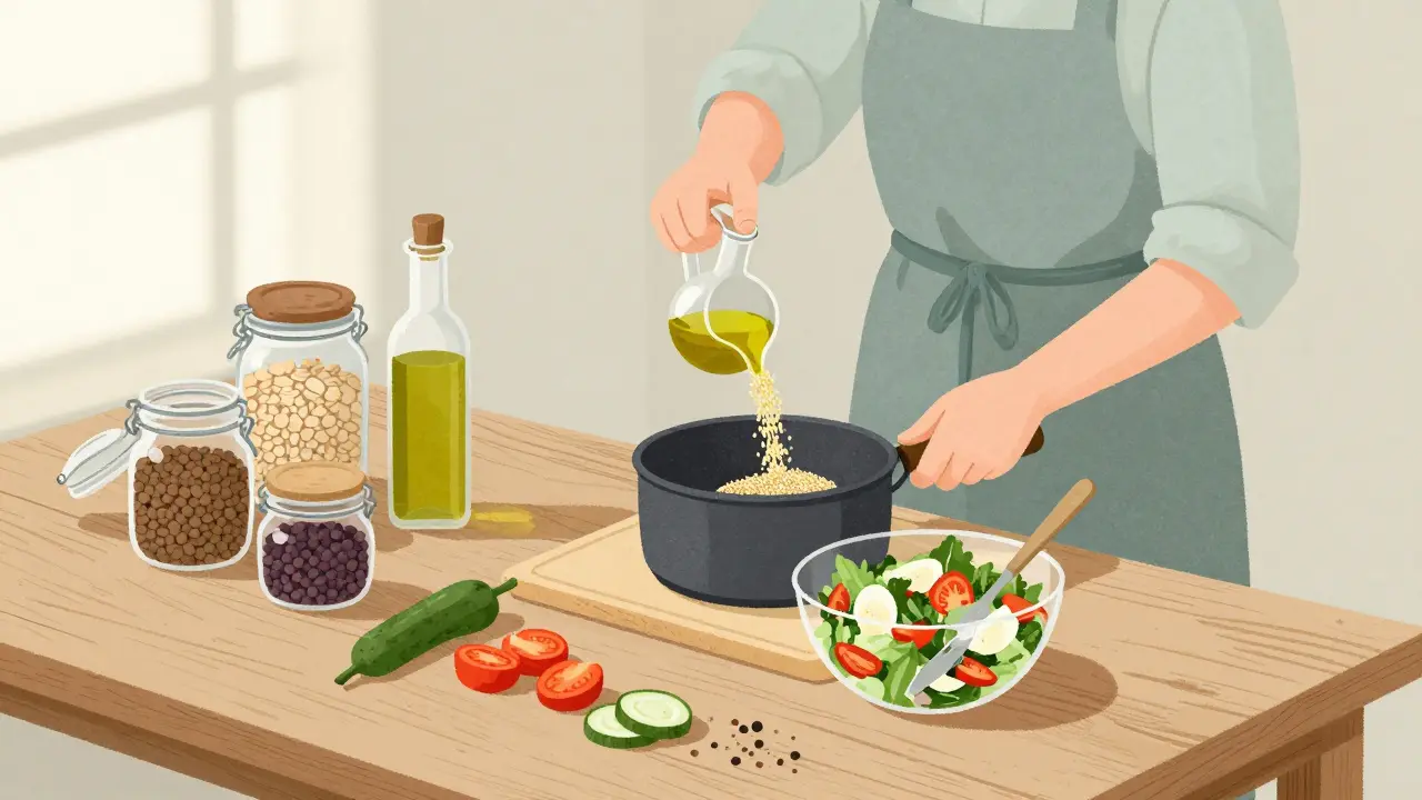 Osoba připravuje zdravé jídlo na dřevěné stolu s luštěninami, ovesnými vločkami a olivovým olejem.