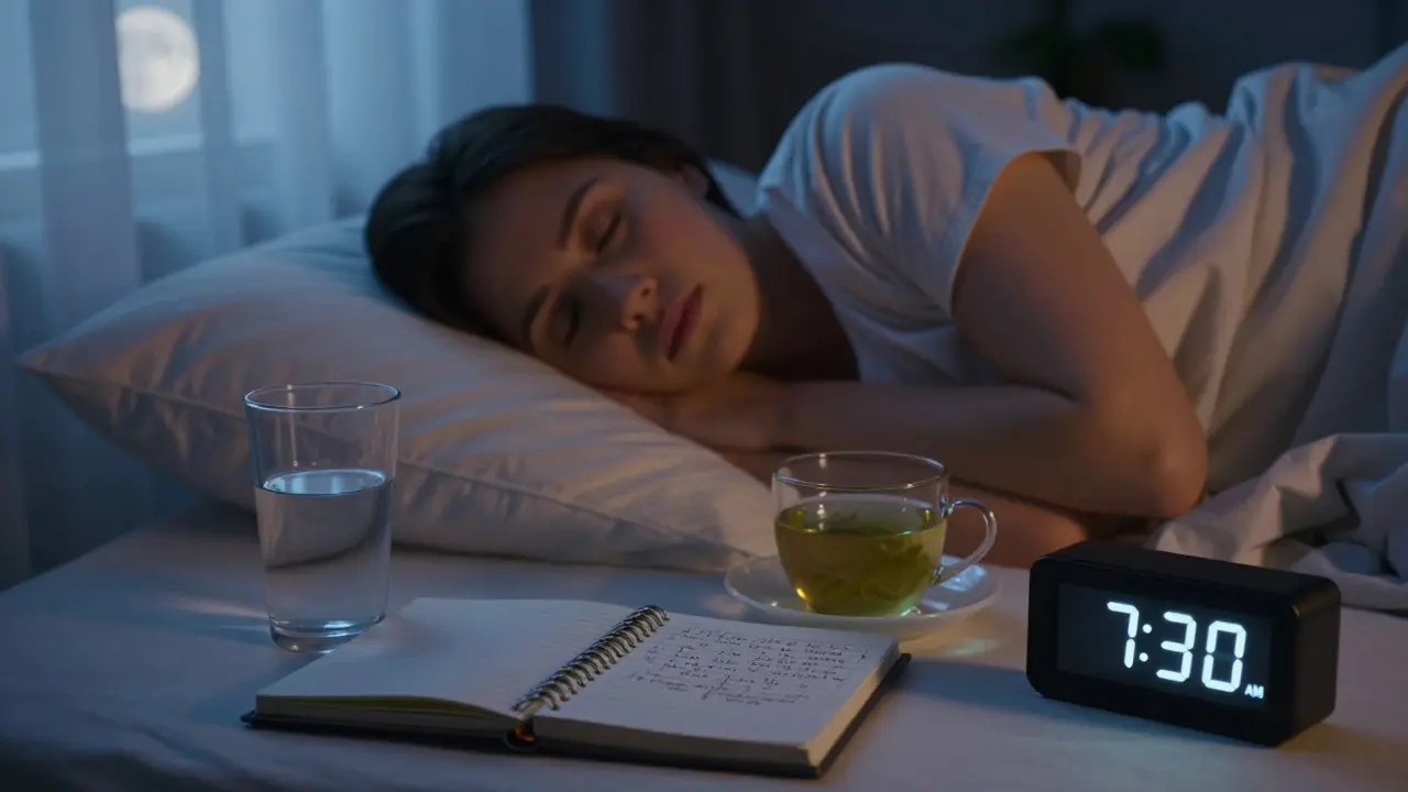 Osoba spí v klidné místnosti s sklenicí vody, zeleným čajem a poznámkami o spánku a výživě.