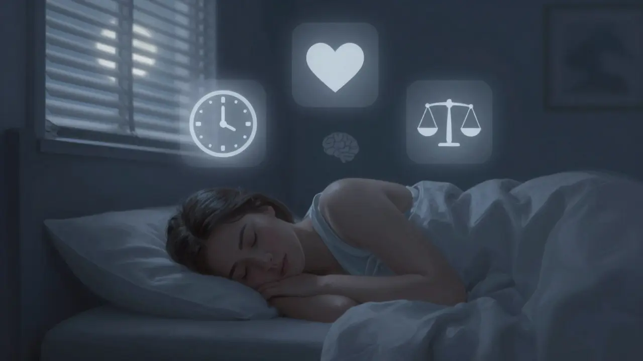 Osoba spí v tmavé, chladné ložnici s měsíčním světlem, nad ní plavou symboly spánku, hormonů a rovnováhy.