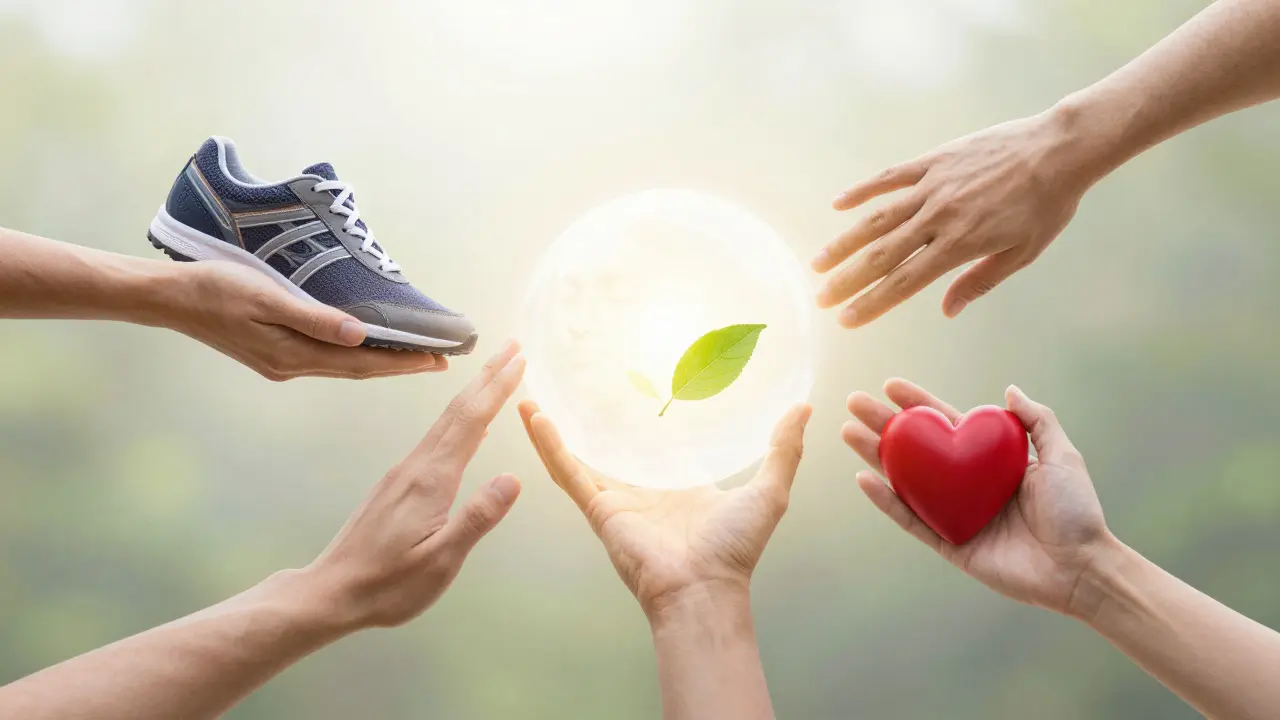 Pět rukou spojených kolem svítící koule, symbolizujících pět složek zdraví.