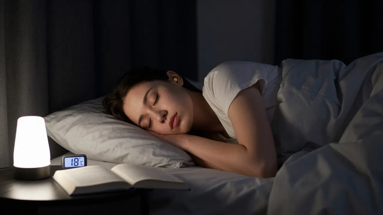 Pokoj v úplné tmy, člověk spí na boku, viditelné záclony a teploměr ukazující 18 °C.