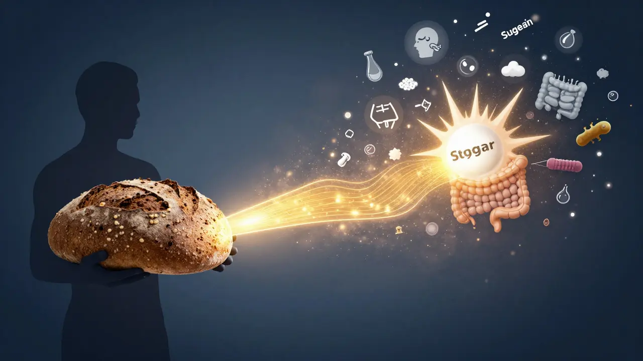 Postava drží celozrnný chléb, ze kterého vyrůstají zlaté vlákna do těla, symbolizující zdravou energii.