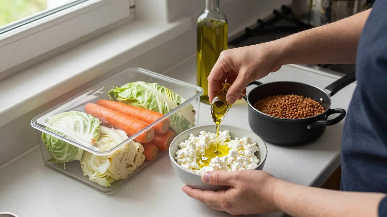 Příprava lehké večeře z čerstvé zeleniny, tvarohu a čočky v české kuchyni.