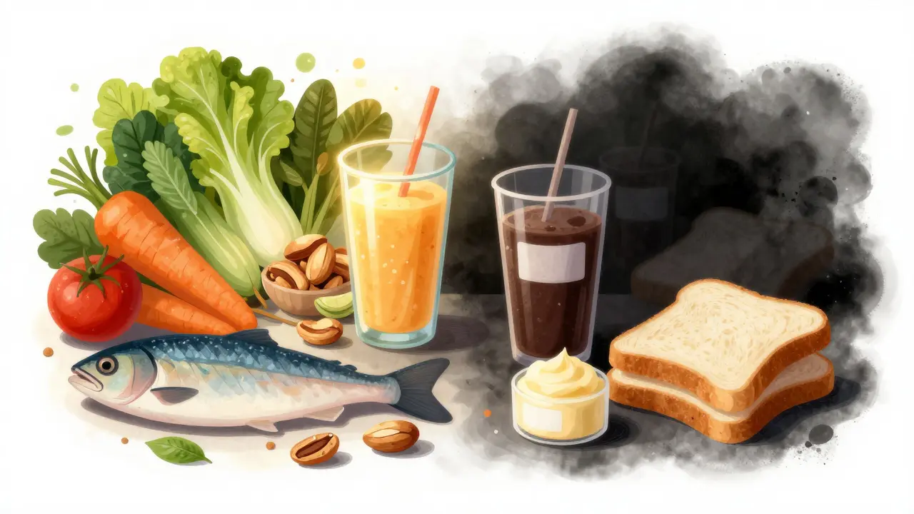 Rozdělená scéna: zdravé potraviny v teplém světle proti temným zpracovaným výrobkům.