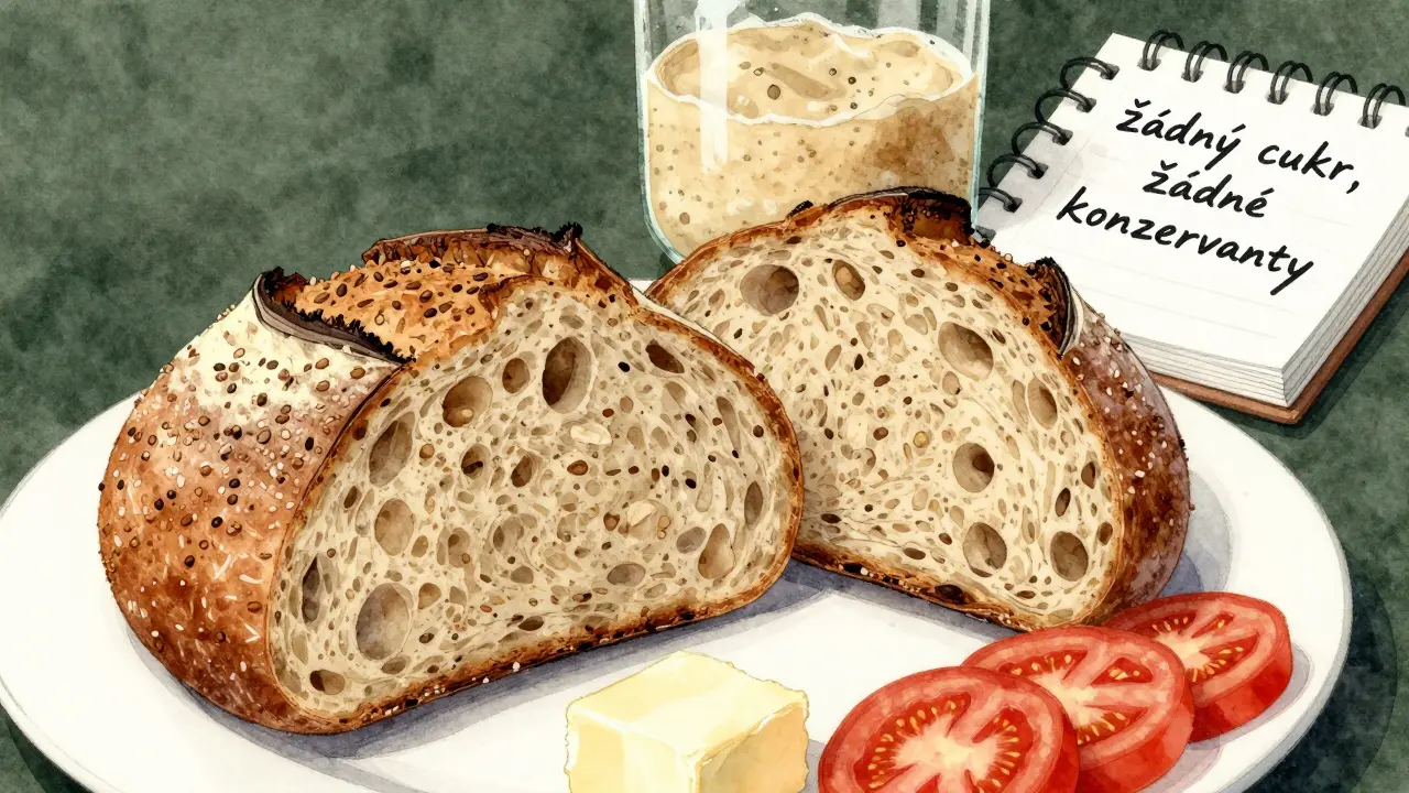 Rozříznutý celozrnný kvasnicový chléb s viditelnými zrnky a semínky