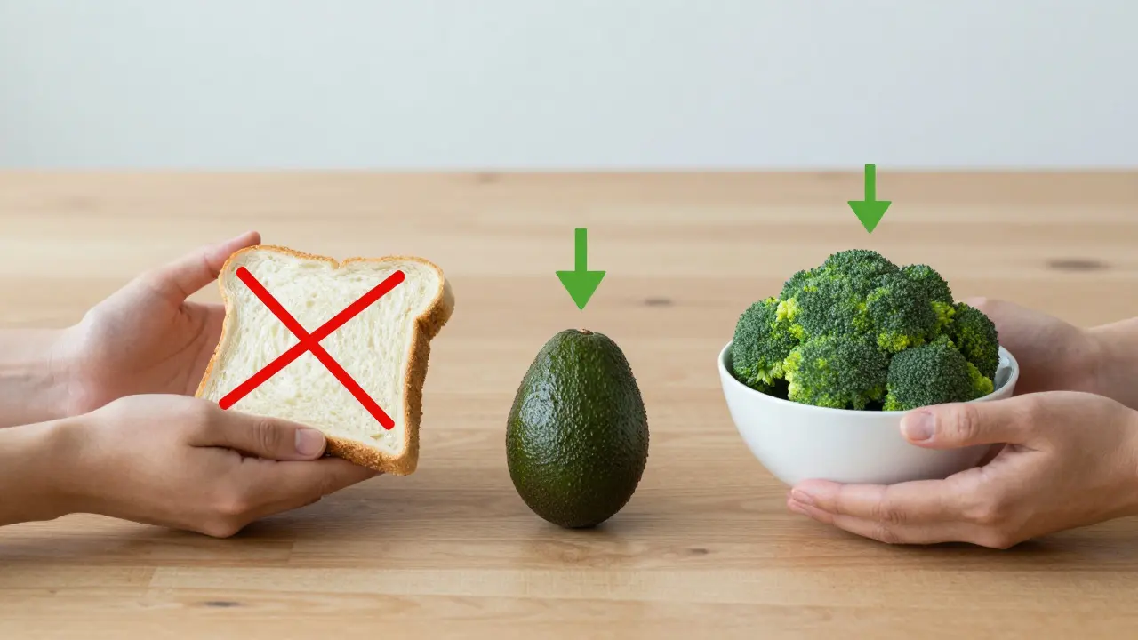 Ruce držící chléb, avokádo a brokolici, chléb přeškrtnutý červenou čarou, zelené šipky ukazují na avokádo a zeleninu.