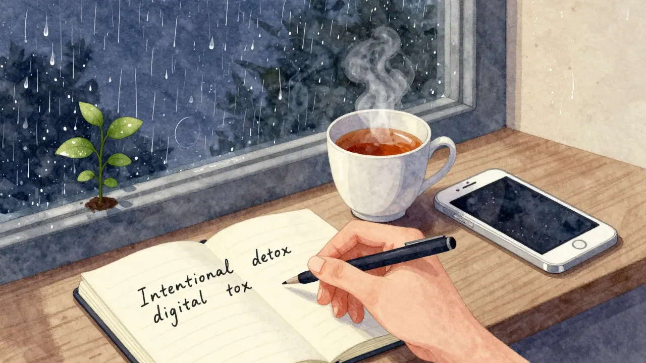 Ruka píše do sešitu u okna večer, telefon je vypnutý, teplá čajová šálka a rostlina na okně.