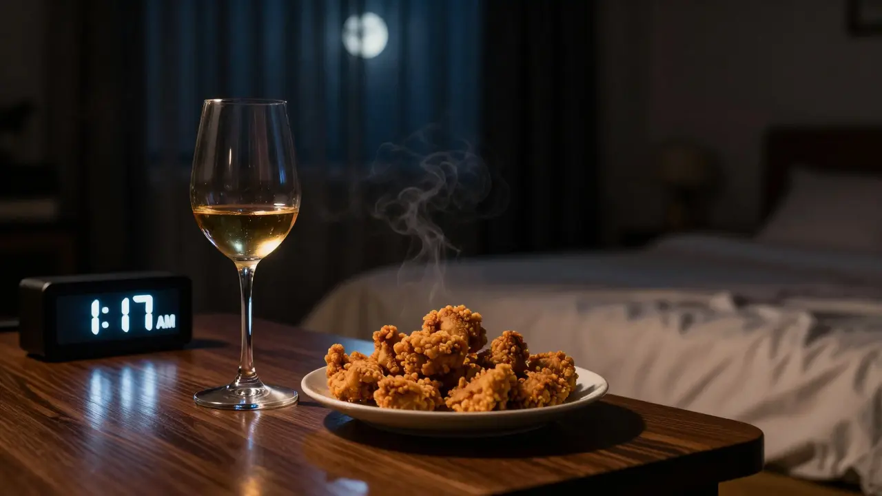 Sklenice vína a těžká večeře na stole vedle prázdné postele v noci.