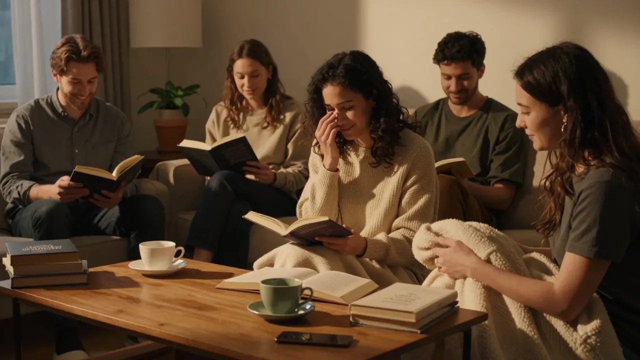 Skupina lidí v tichém pokoji večer, kteří se spojují bez telefonů, jen přítomností.