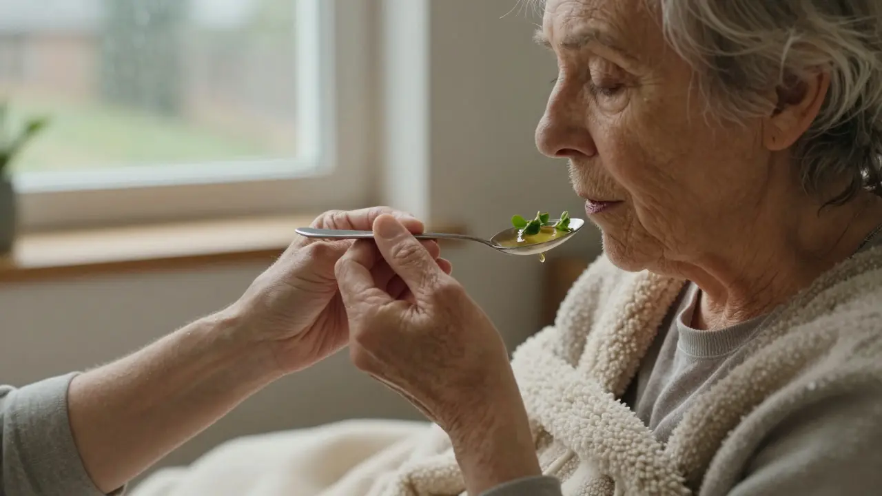 Starší osoba přijímá lžíci vývaru s péčí, v pozadí deštivé okno.