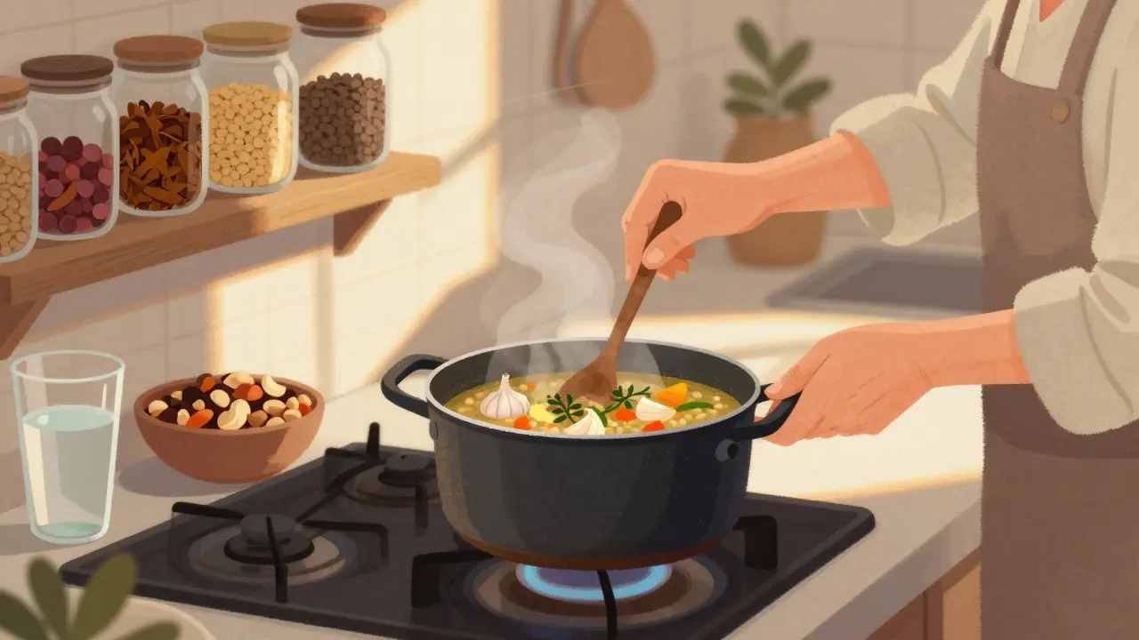 Starší osoba vaří zeleninovou polévku s čočkou a bylinkami v kuchyni.