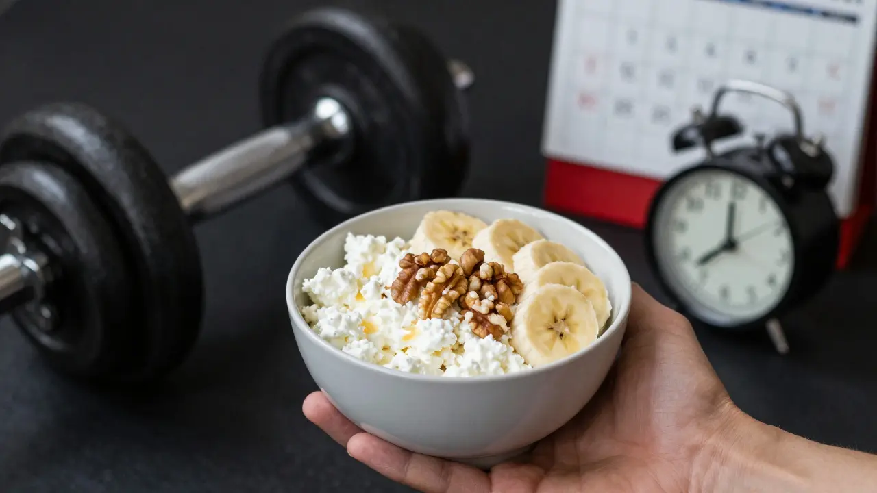 Tvaroh 5% s banánem a ořechy vedle činky a hodin ukazujících večer.