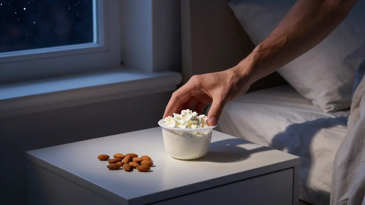 Večerní příjem tvarohu a oříšků vedle postele v tiché místnosti.