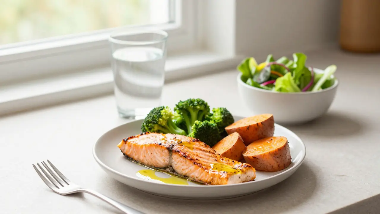 Vyvážený oběd s grilovaným lososem, brokolicí a bramborami.