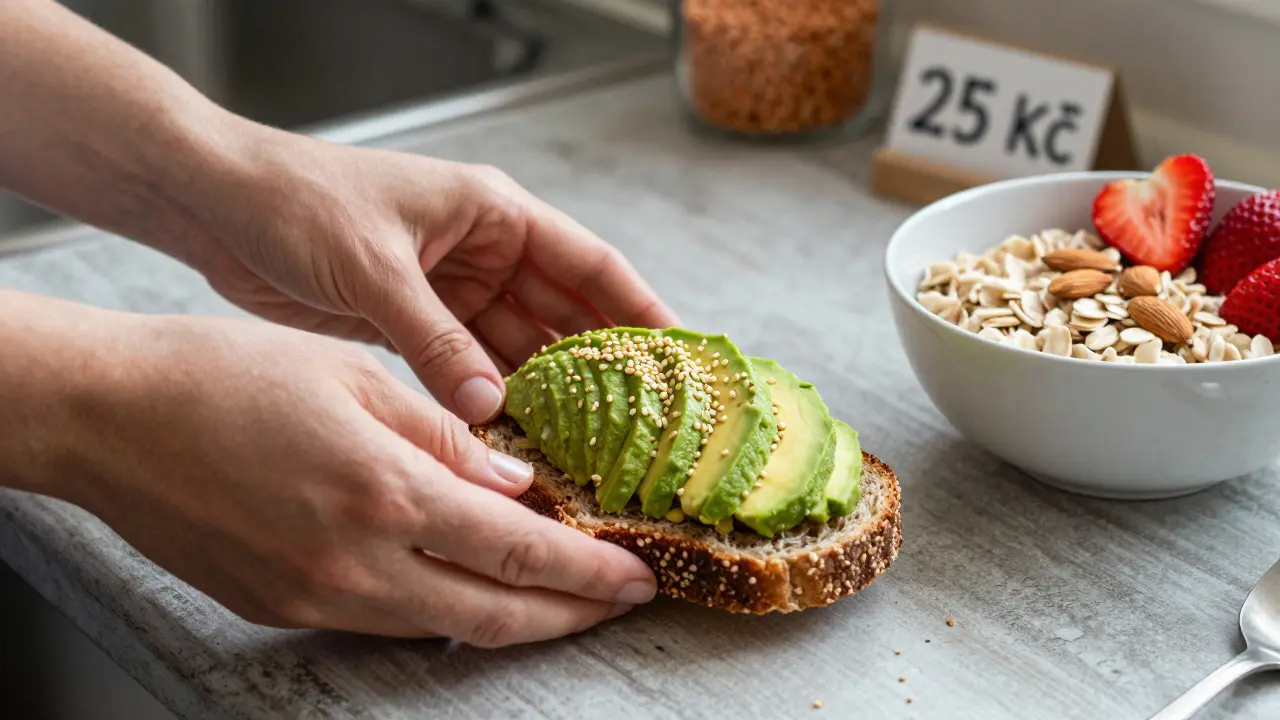 Celozrnný chléb s avokádem a ovesnou kaší s oříšky na kuchyňském stole.