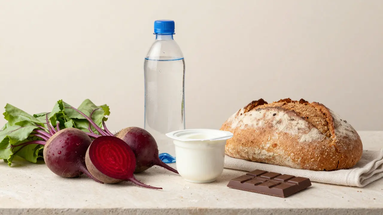 Čerstvá řepa, celozrnný chléb, jogurt a černá čokoláda na kamenité desce s vodou.