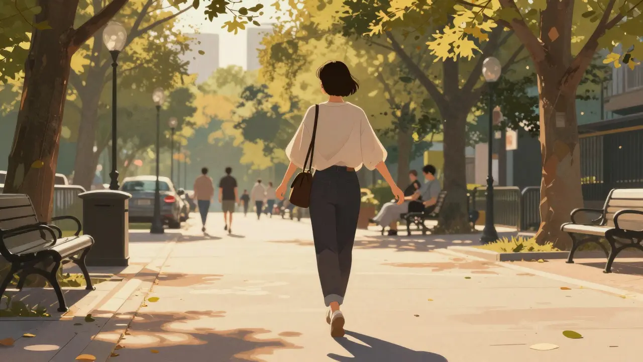 Člověk se klidně prochází v parku ve zlaté hodině, ruce volně kmitají, telefon není vidět, kolem stromy a světlo.