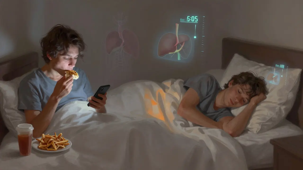 Dvě části obrázku: jedna ukazuje jídlo a telefon, druhá osobu bez spánku v posteli s obrazovkami.