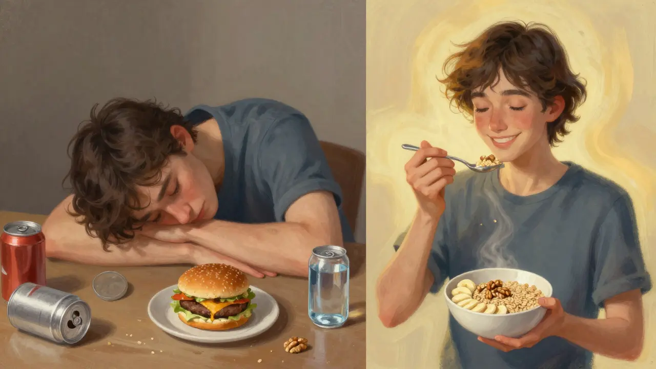 Dvě scény: jedna s únavou a nezdravou stravou, druhá s obnovou energie přes přirozená jídla.