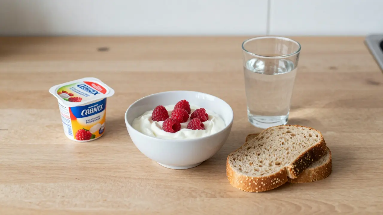 Jednoduché zdravé snídanie s jogurtem a malinami vedle vyhozeného slazeného jogurtu.