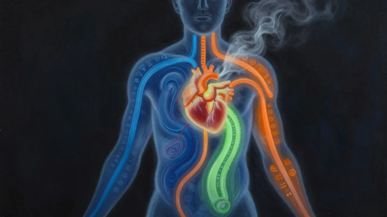 Koncepční obrázek lidské postavy s vnitřními světelnými cestami znázorňujícími spánek, pohyb a dýchání, stres se rozpouští.