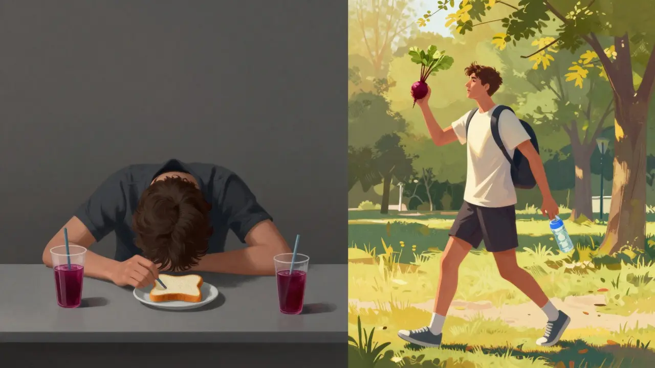 Kontrast mezi únavou z cukru a energií z přírodních potravin při denním světle.
