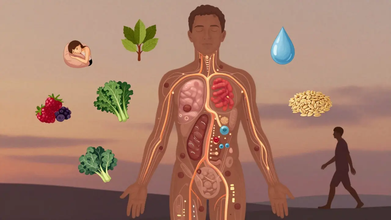 Lidské tělo s osvětlenými cestami imunitních buněk, obklopené ikonami spánku, vody a rostlinné výživy.