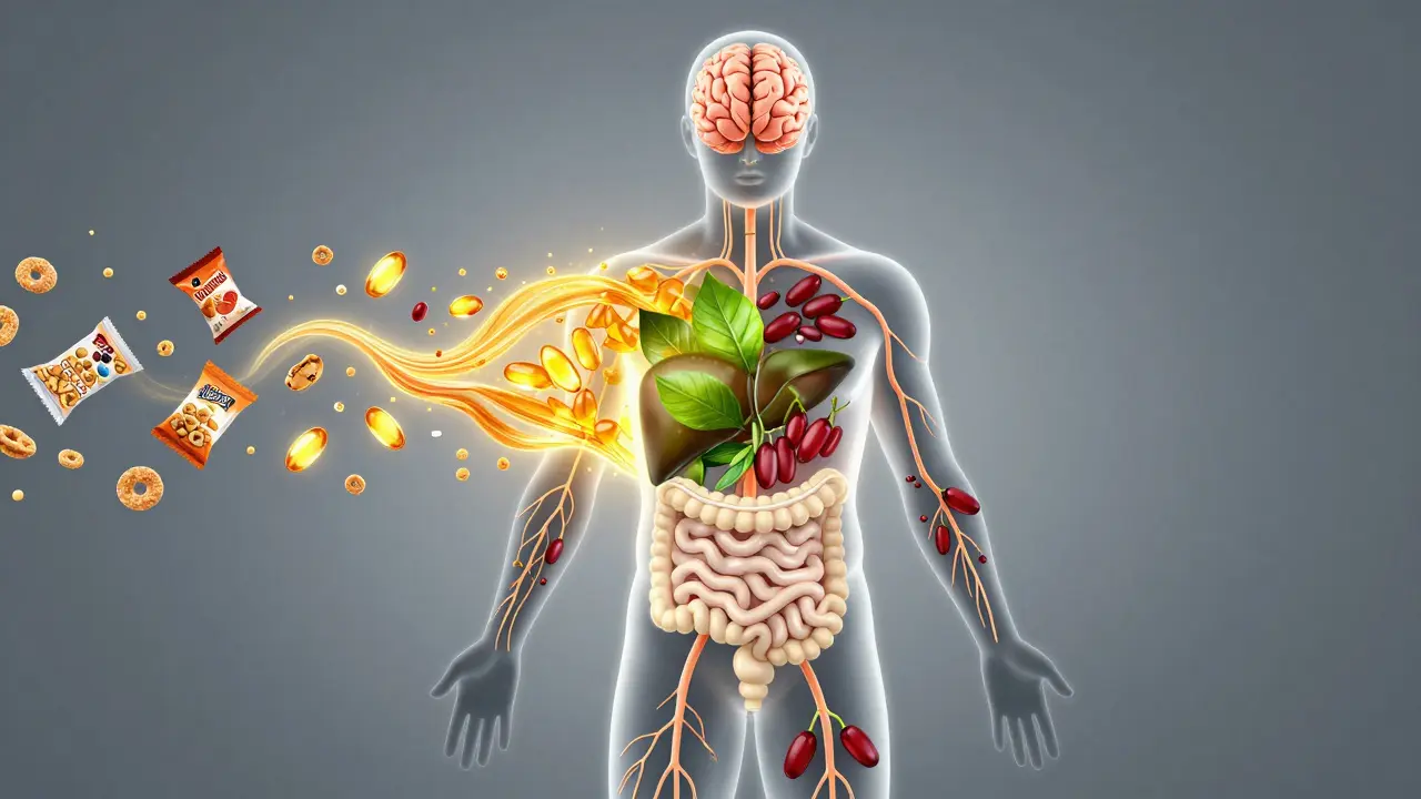  lidské tělo v siluetě s vnitřním světlem výživných látek, proti pozadí zpracovaných potravin.