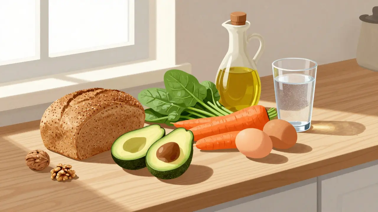 Na dřevěné kuchyňské desce jsou čerstvé celozrnné potraviny a přirozené tuky.