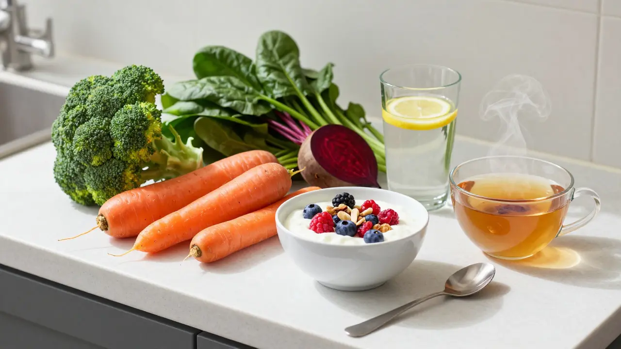 Na kuchyňském stole jsou čerstvé zeleniny, jogurt s bobulemi a sklenice vody s citrónem.
