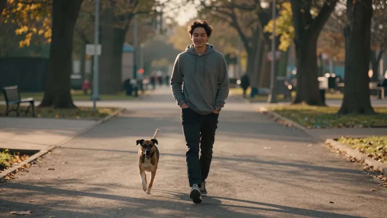 Osoba chodí v parku s psem při západu slunce.