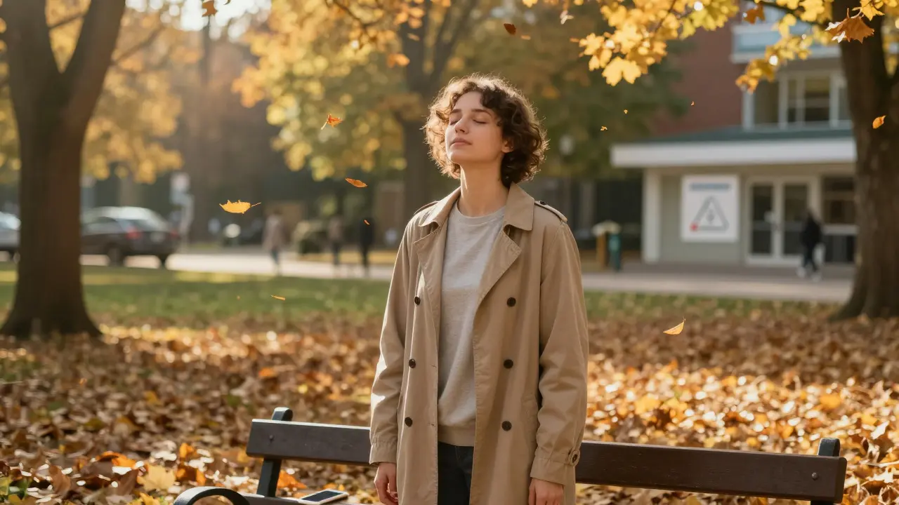 Osoba klidně dýchá v slunném parku, opuštěný telefon na lavičce, listy padají kolem ní v zlatém světle.