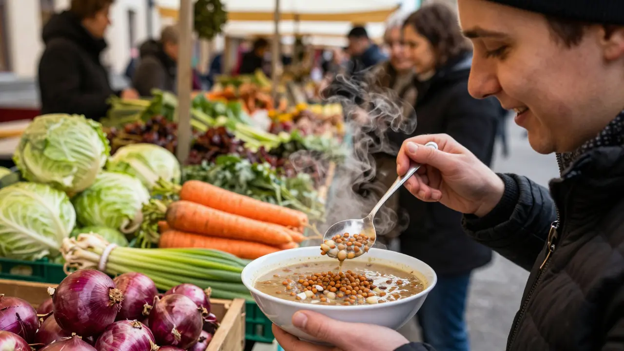 Osoba konzumující čočkovou polévku na městské tržnici v Brně.