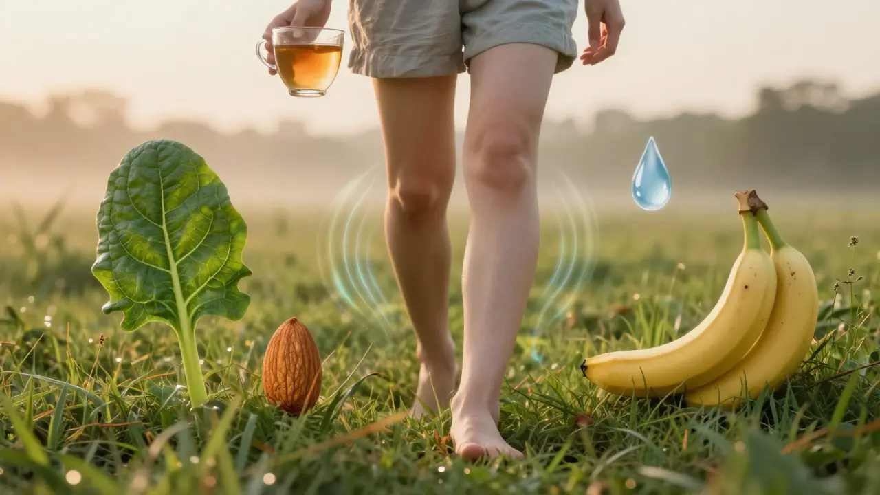 Osoba kráčí na trávě při východu slunce, drží čaj, kolem ní symbolické prvky zdravé výživy a kapka vody.