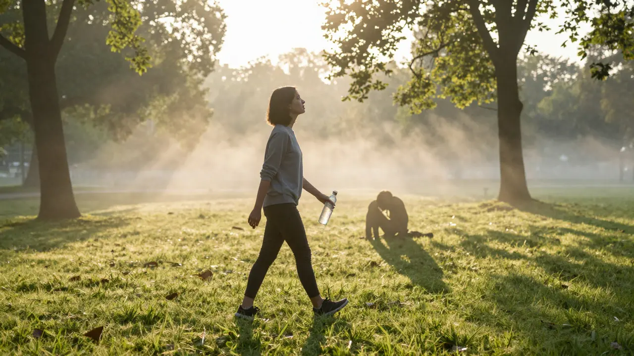 Osoba prochází slunným parkem ráno, bez telefonu, s láhví vody, stíny její minulé verze se rozplynou v mlze.