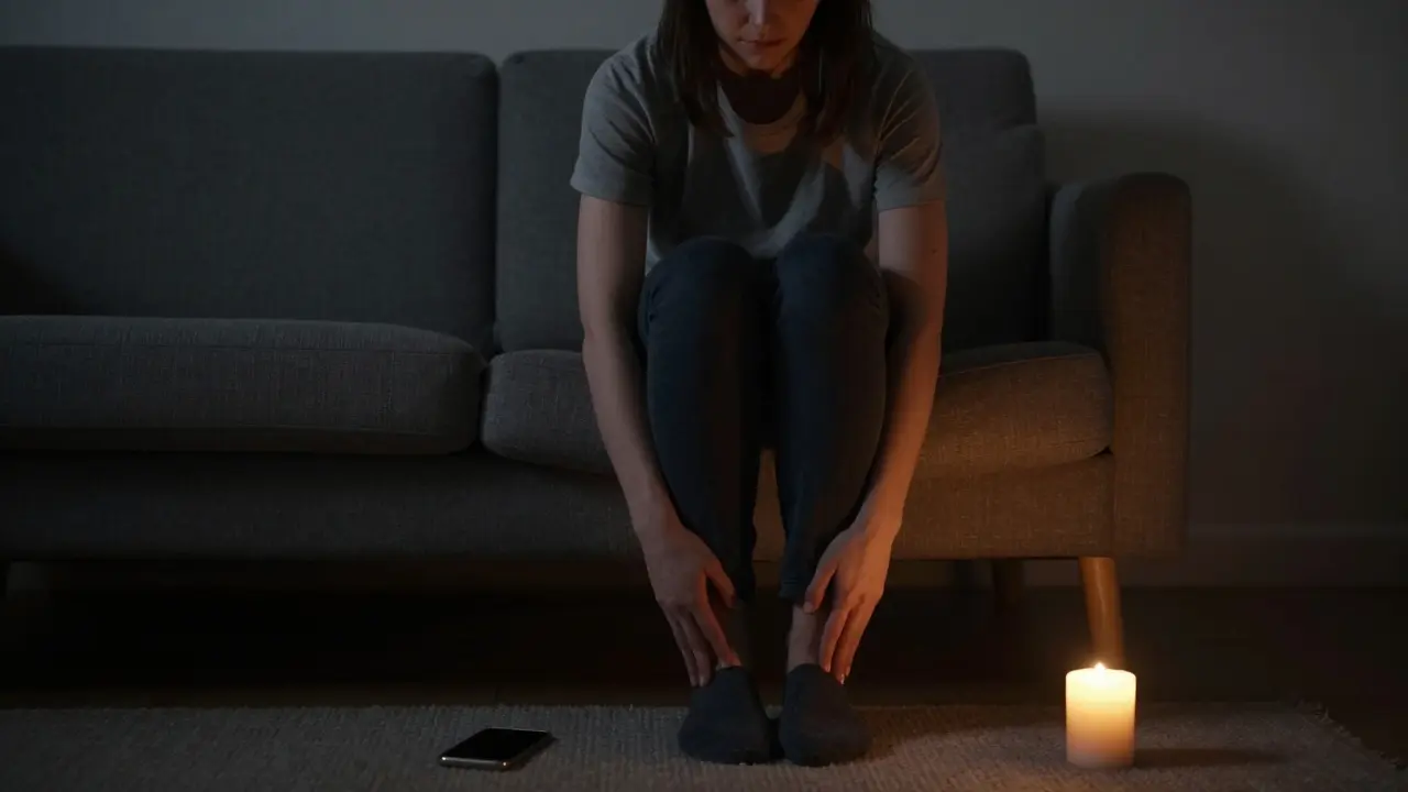 Osoba sedí v tichu s vypnutým telefonem a svíčkou, hledí do vnitřního klidu.