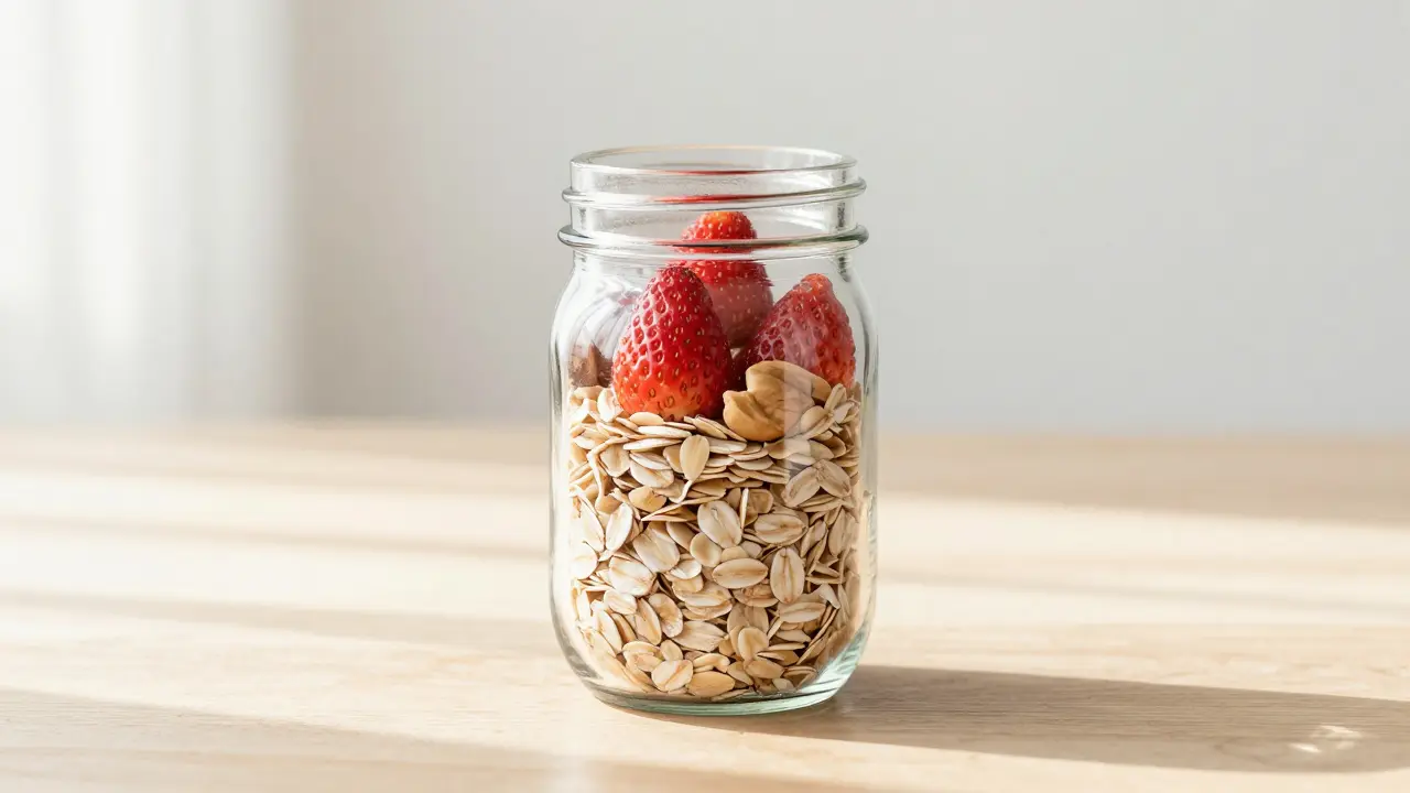 Ovesné vločky s oříšky a jahodami v nádobce pro cestu