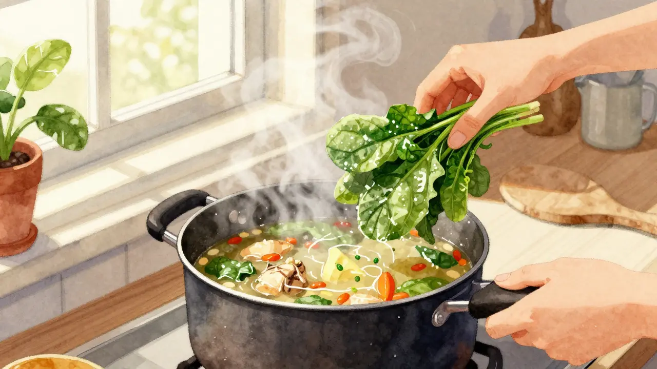 Přidávání špenátu do polévky s fazolemi