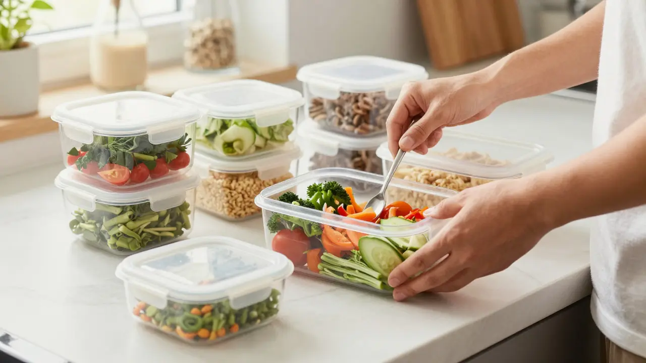 Příprava jídel na týden v kontejnerech s zeleninou a bílkovinou