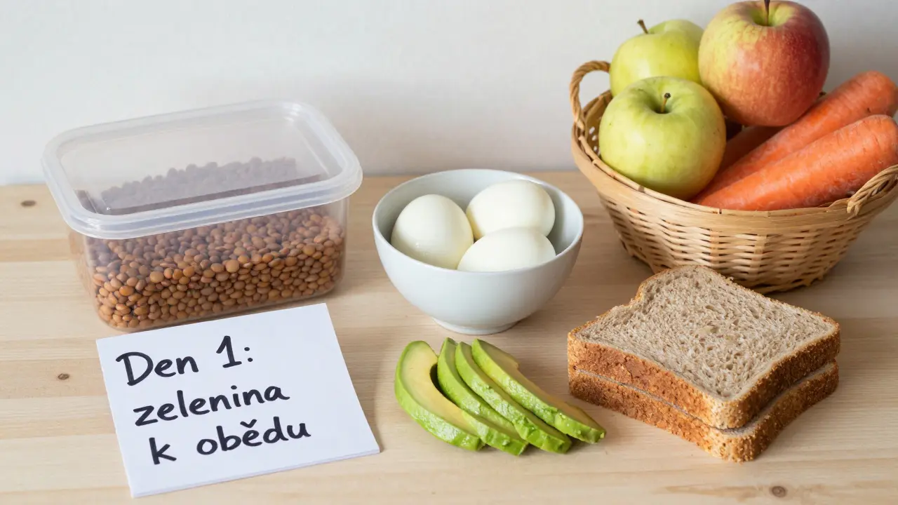 Připravené jídlo na týden: luštěniny, vejce, avokádo, chléb a ovoce na polici.