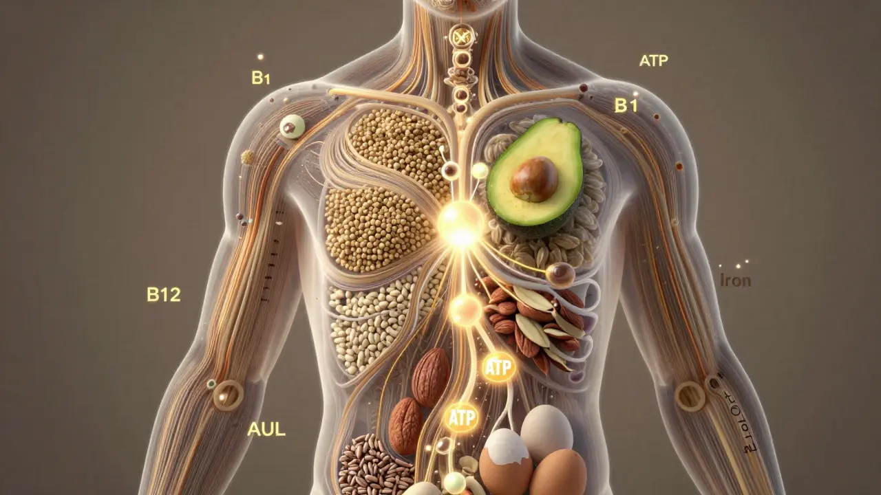 Průhledný lidský tělo s proudy energie z celozrnných potravin, tuků a bílkovin, doprovázené světelnými částicemi vitamínů a minerálů.