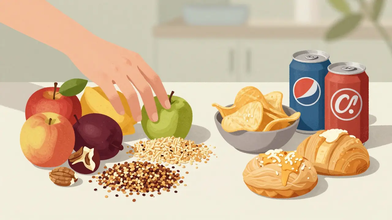 Rozdělený snímek: zdravá jídla vlevo, zpracované potraviny vpravo