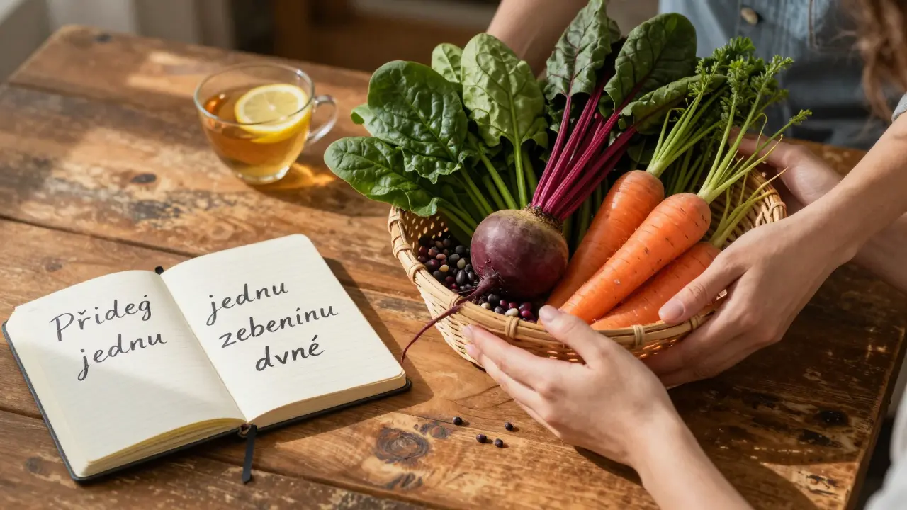 Ruce klidně ukládají českou zeleninu a luštěniny na dřevěný stůl s poznámkami o zdravé stravě.