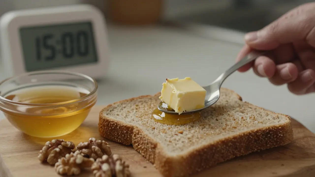 Ruka klade máslo na chléb s medem a oříšky v teplém osvětlení.