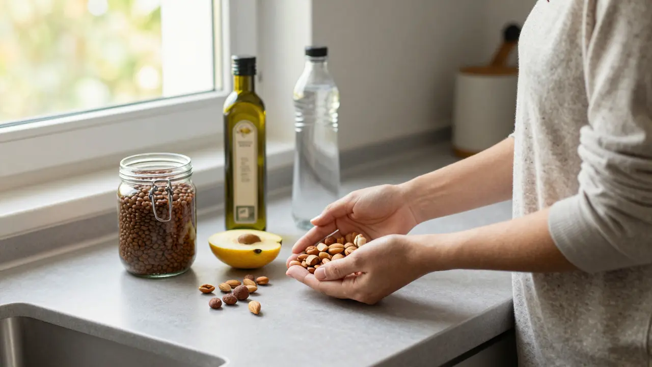 Ruka klade oříšky a ovoce na counter vedle vařených luštěnin a olivového oleje.