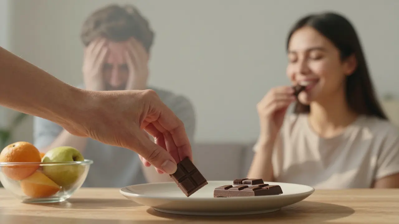 Ruka klidně pokládá čokoládu vedle ovoce, zatímco stresový obraz v pozadí mizí.