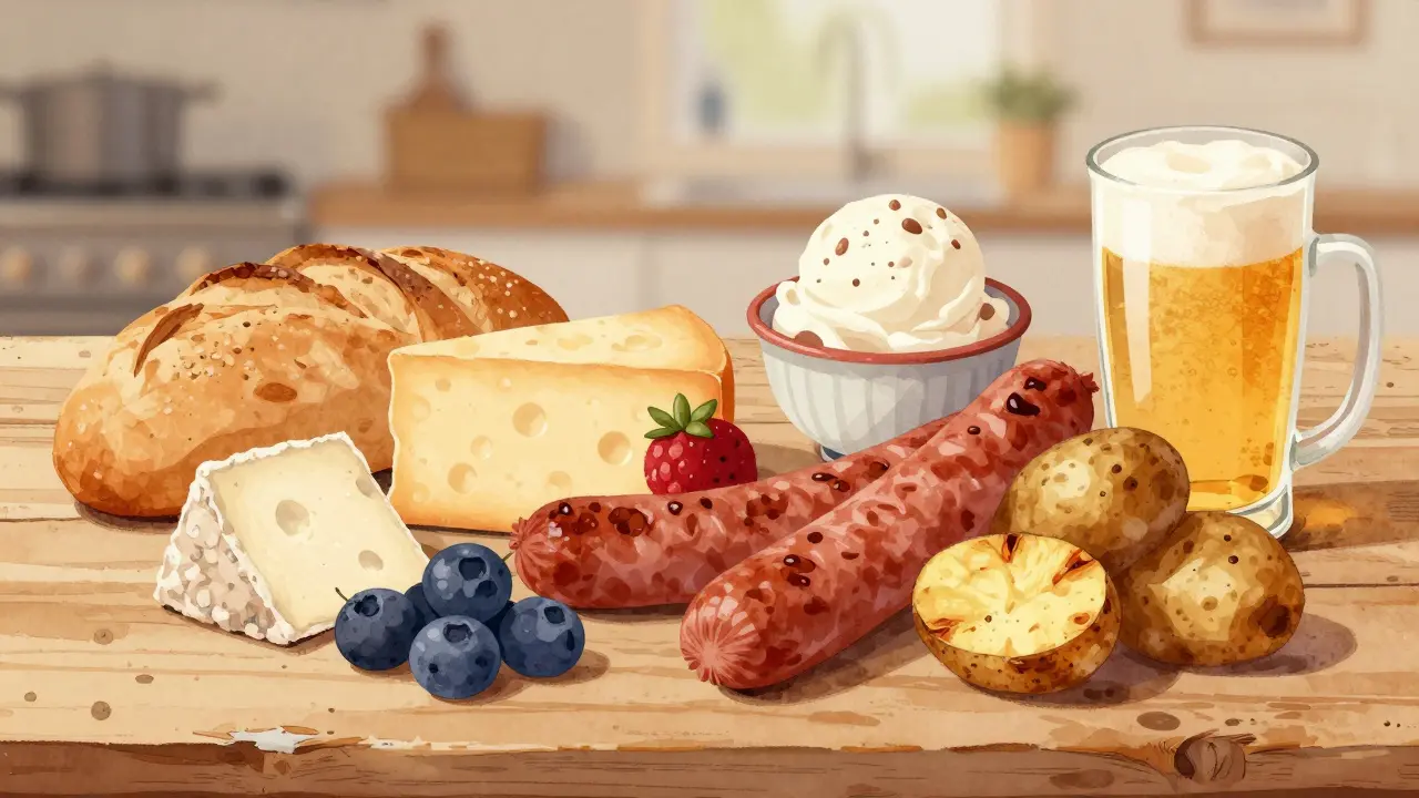 Různé běžné potraviny — chléb, sýr, šunka, zmrzlina — uspořádané přirozeně na dřevěné desce.